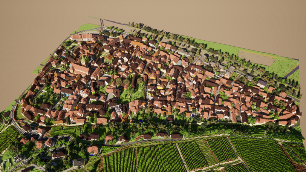 Représentation en hauteur du village de Turckheim sur Minecraft