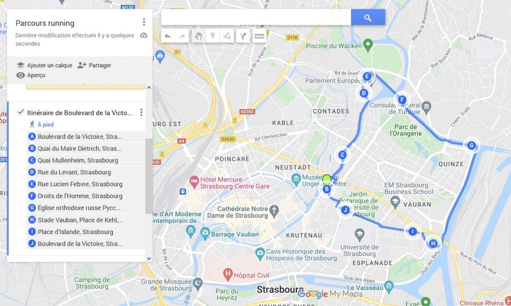 Les différentes étapes du parcours sur Google Maps
