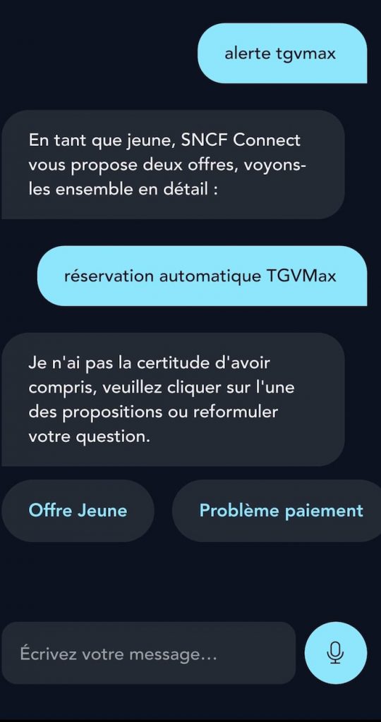 Un dialogue entre une utilisatrice de TGV Max avec le bot de la SNCF
