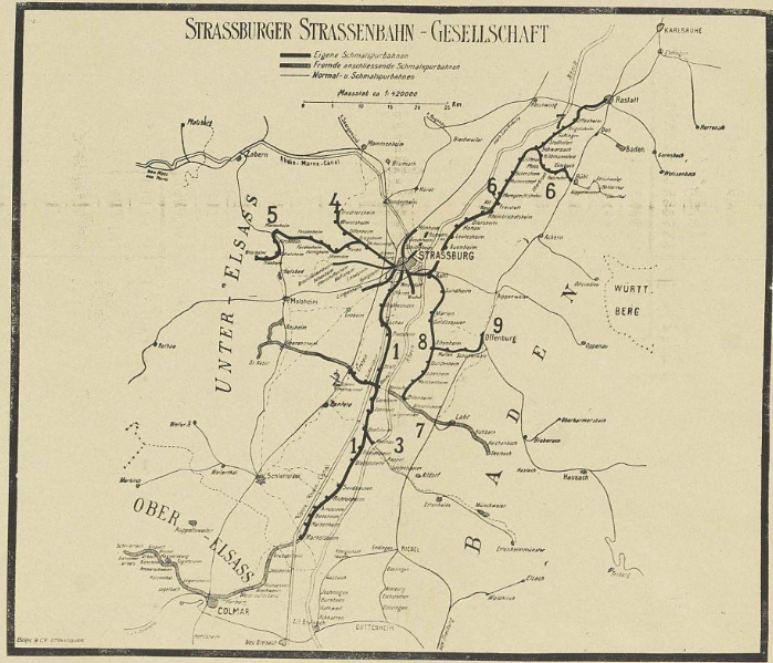 Plan du réseau de tramway de Strasbourg en 1915