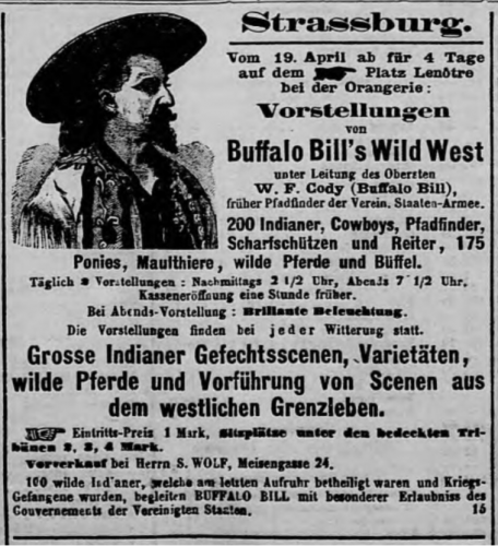 Annonce Buffalo Bill journal d’Alsace 18 avril 1891