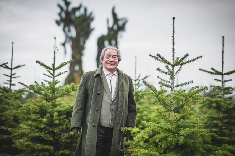 Gérard Spieler devant sapins de noel en terre à la pépinière de Valentin Spieler à Haguenau