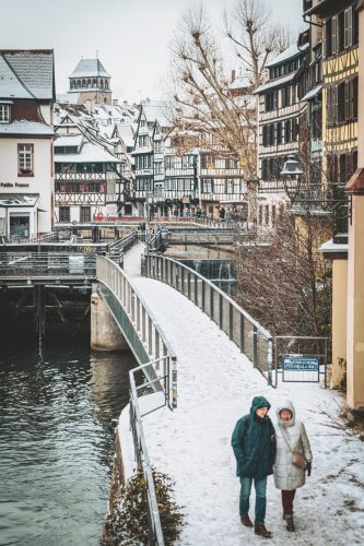 neige, gens, pont