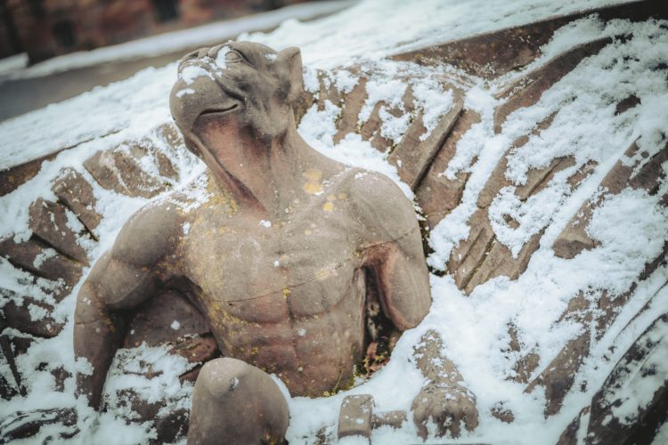Neige, froid, statue, gargouille
