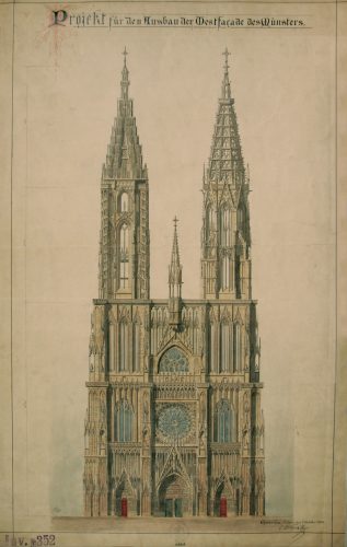 Projet d’achèvement de la façade ouest de la cathédrale de Strasbourg, 1880. Auteur Charles Winkler Fondation de l’Œuvre Notre-Dame, dépôt Denkmalarchiv, DRAC Alsace