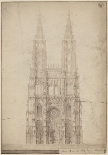 Vue imaginaire de la façade ouest de la cathédrale de Strasbourg avec la projection de la flèche sud (Denkmalarchiv, DRAC Alsace)